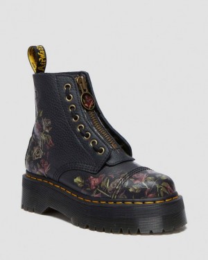 Dr. Martens Sinclair Decayed Roses Leather Platform Boots Czarne | SN-DM84295